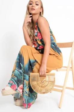 Rebellious Fashion Mustard Chiffon Leaf Print Plunge Maxi Dress - Marlin