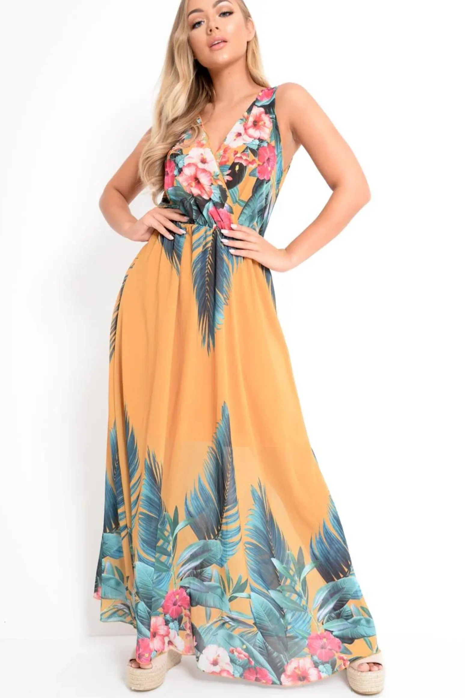 Rebellious Fashion Mustard Chiffon Leaf Print Plunge Maxi Dress - Marlin