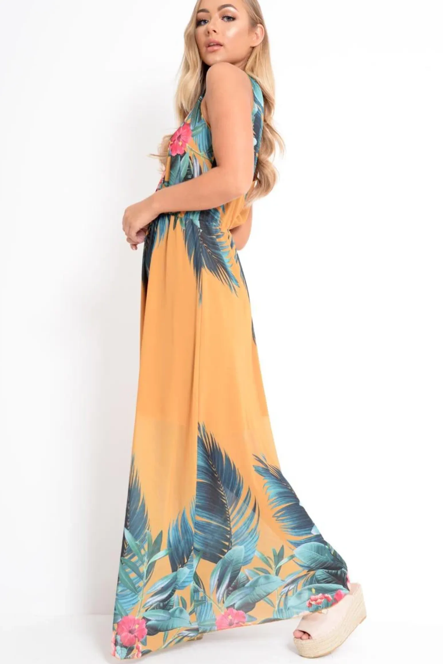 Rebellious Fashion Mustard Chiffon Leaf Print Plunge Maxi Dress - Marlin