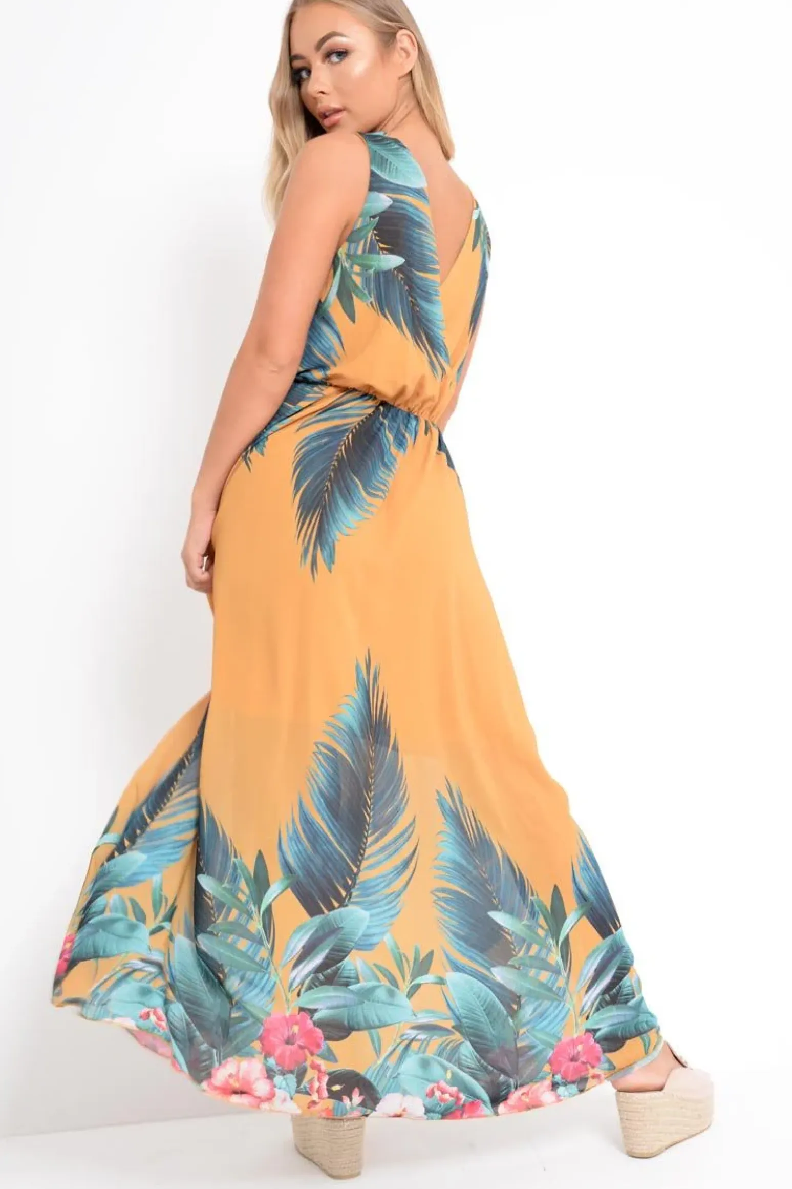 Rebellious Fashion Mustard Chiffon Leaf Print Plunge Maxi Dress - Marlin