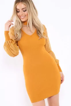 Rebellious Fashion Mustard Choker Knit Midi Dress - Brittany