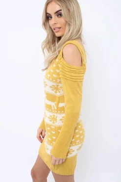 Rebellious Fashion Mustard Christmas Print Jumper Dress - Kleo