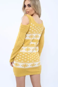 Rebellious Fashion Mustard Christmas Print Jumper Dress - Kleo