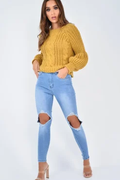 Rebellious Fashion Mustard Chunky Knit Balloon Sleeve Jumper - Rielynn