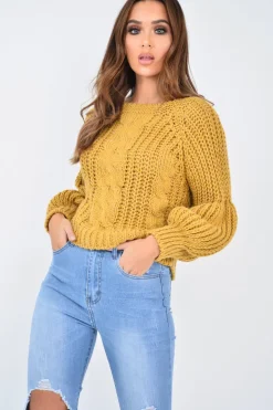 Rebellious Fashion Mustard Chunky Knit Balloon Sleeve Jumper - Rielynn
