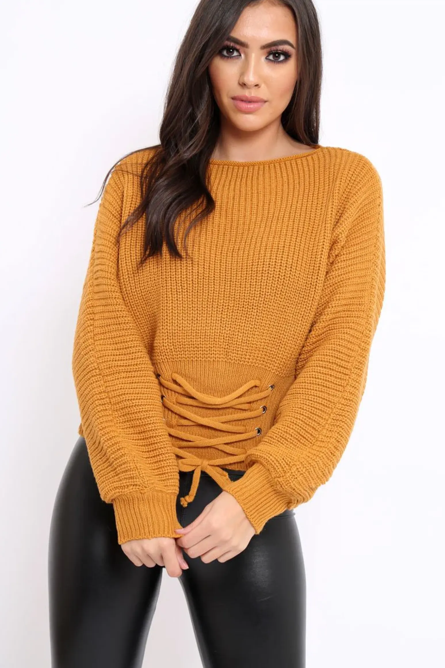 Rebellious Fashion Mustard Chunky Knit Corset Waist Knitted Jumper - Nara