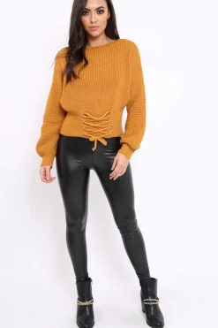 Rebellious Fashion Mustard Chunky Knit Corset Waist Knitted Jumper - Nara