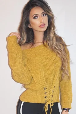 Rebellious Fashion Mustard Chunky Knit Corset Waist Knitted Jumper - Mikayla