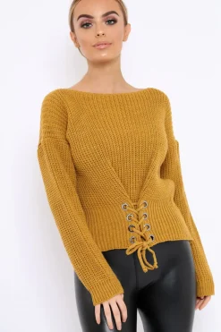 Rebellious Fashion Mustard Chunky Knit Corset Waist Knitted Jumper - Mikayla