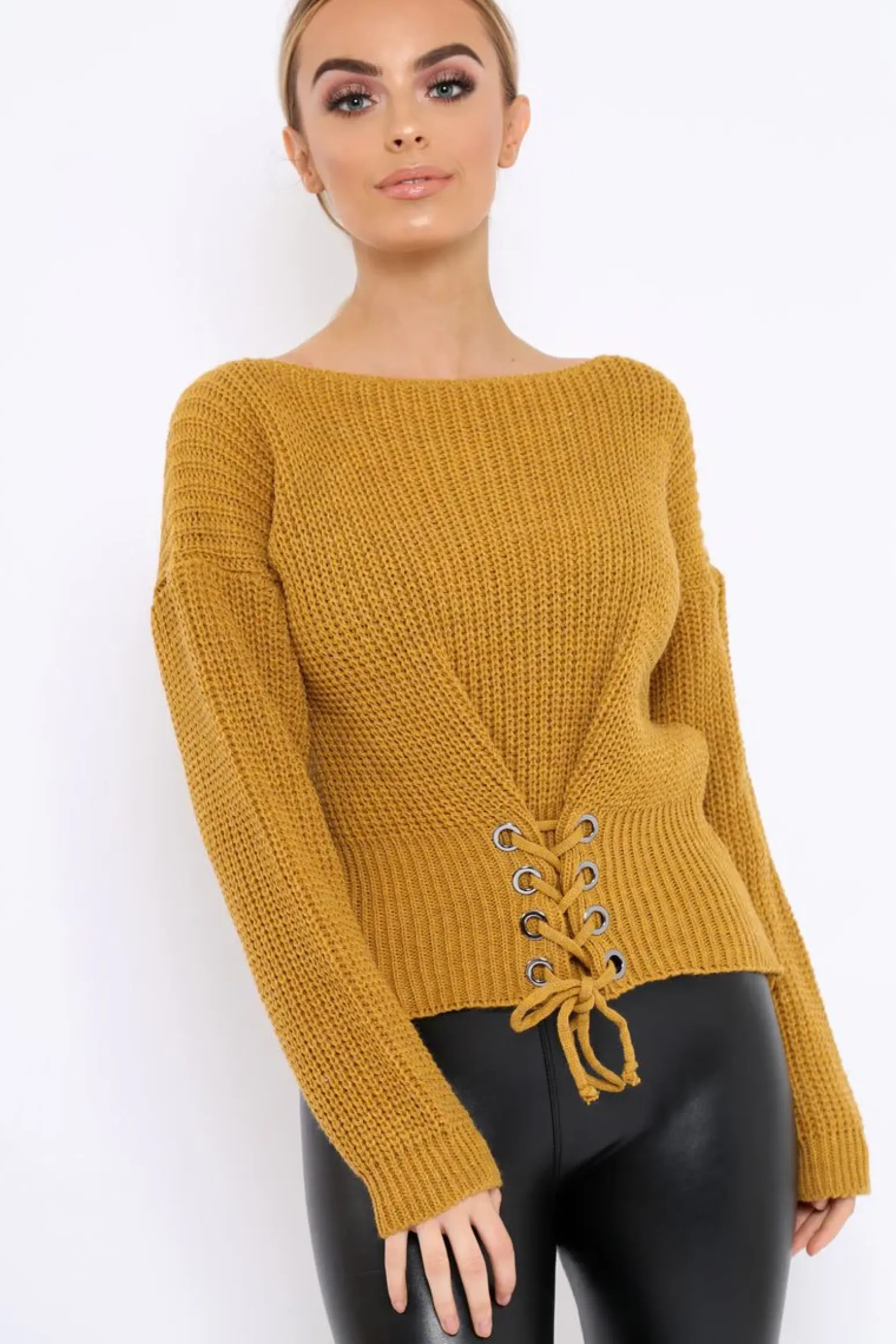 Rebellious Fashion Mustard Chunky Knit Corset Waist Knitted Jumper - Mikayla