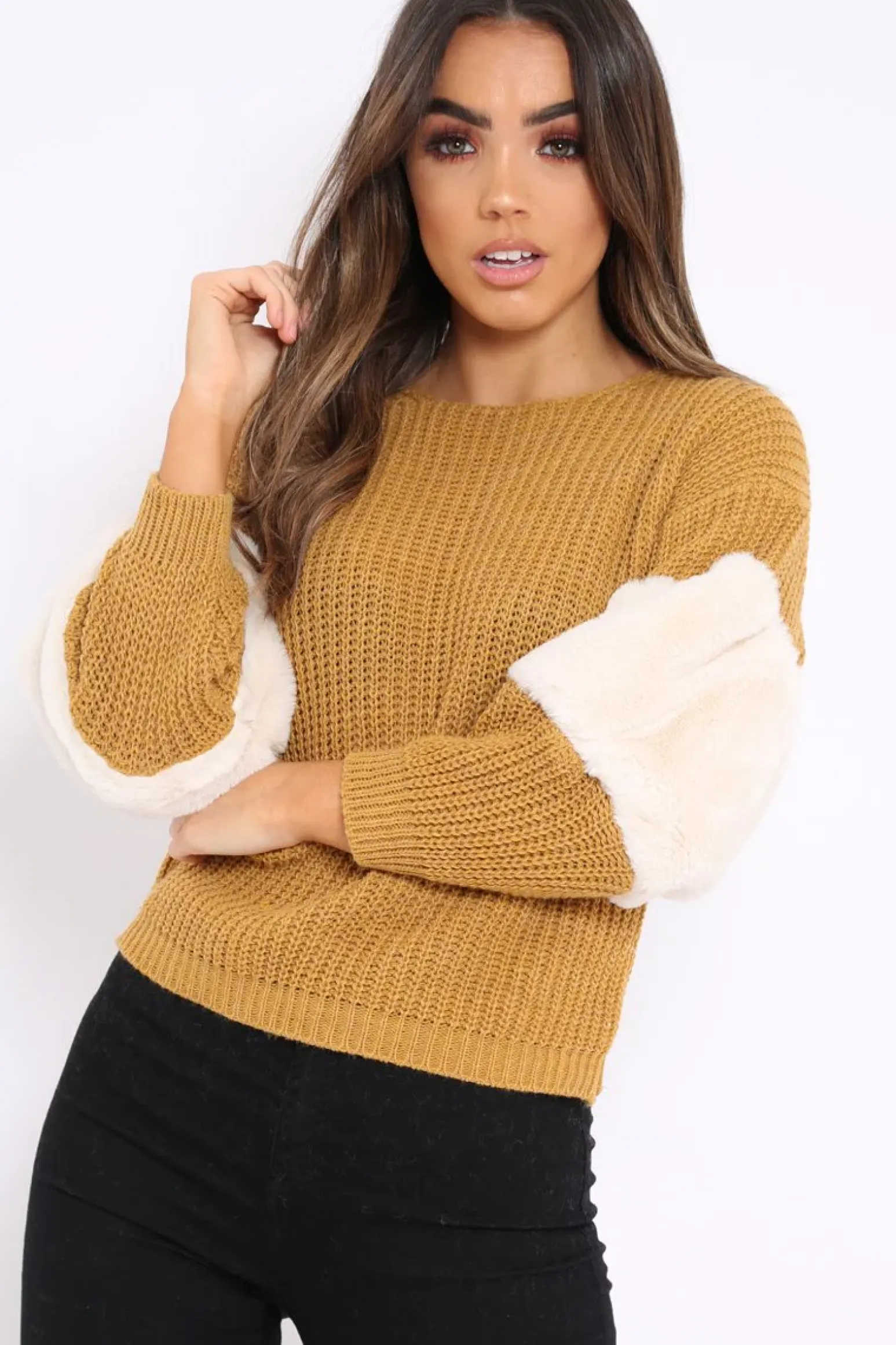 Rebellious Fashion Mustard Chunky Knit Cream Fur Sleeve Jumper - Kimberly