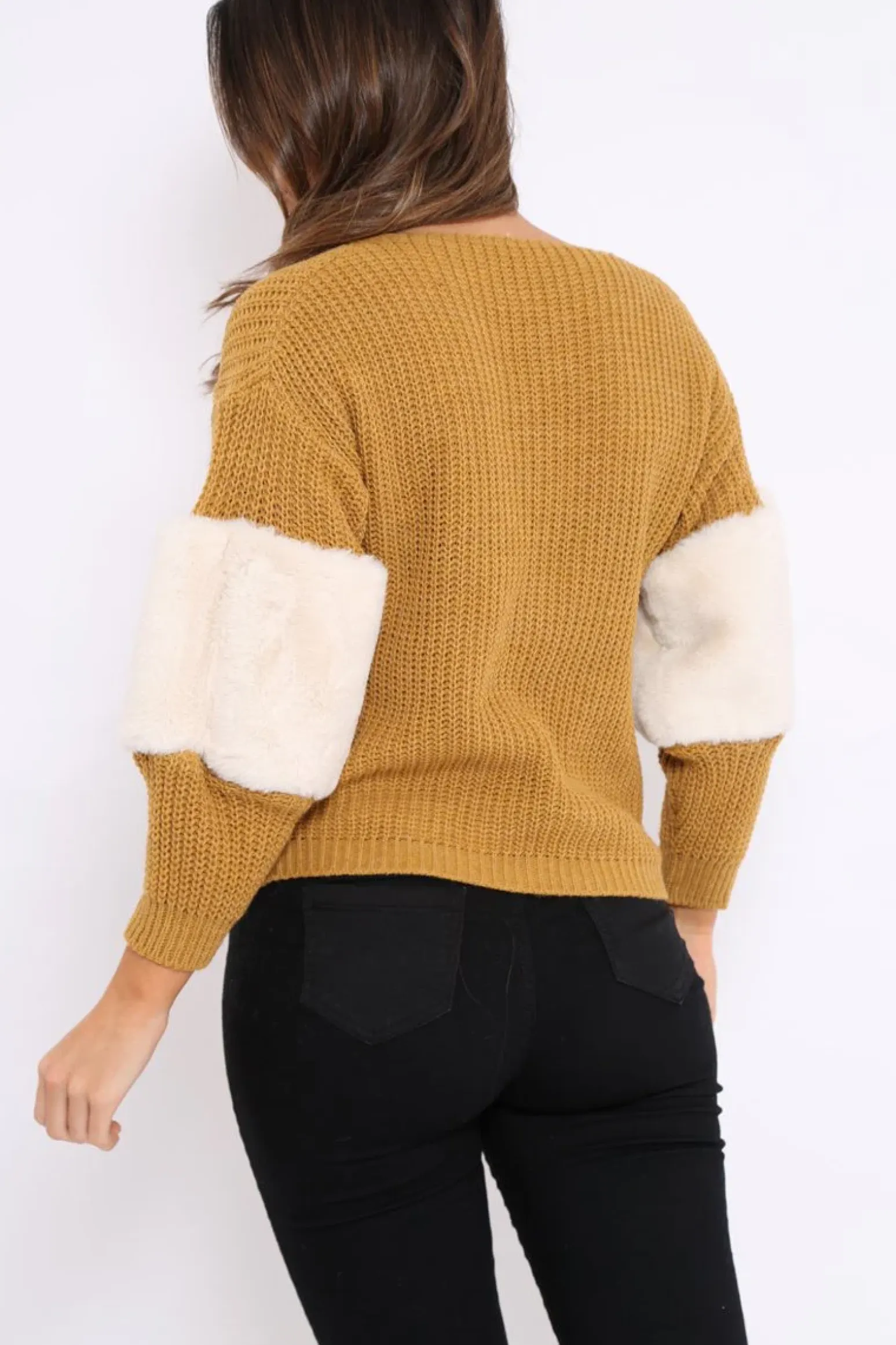 Rebellious Fashion Mustard Chunky Knit Cream Fur Sleeve Jumper - Kimberly