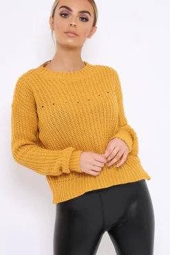 Rebellious Fashion Mustard Chunky Knit Distressed Jumper - Bella