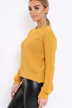 Rebellious Fashion Mustard Chunky Knit Distressed Jumper - Bella