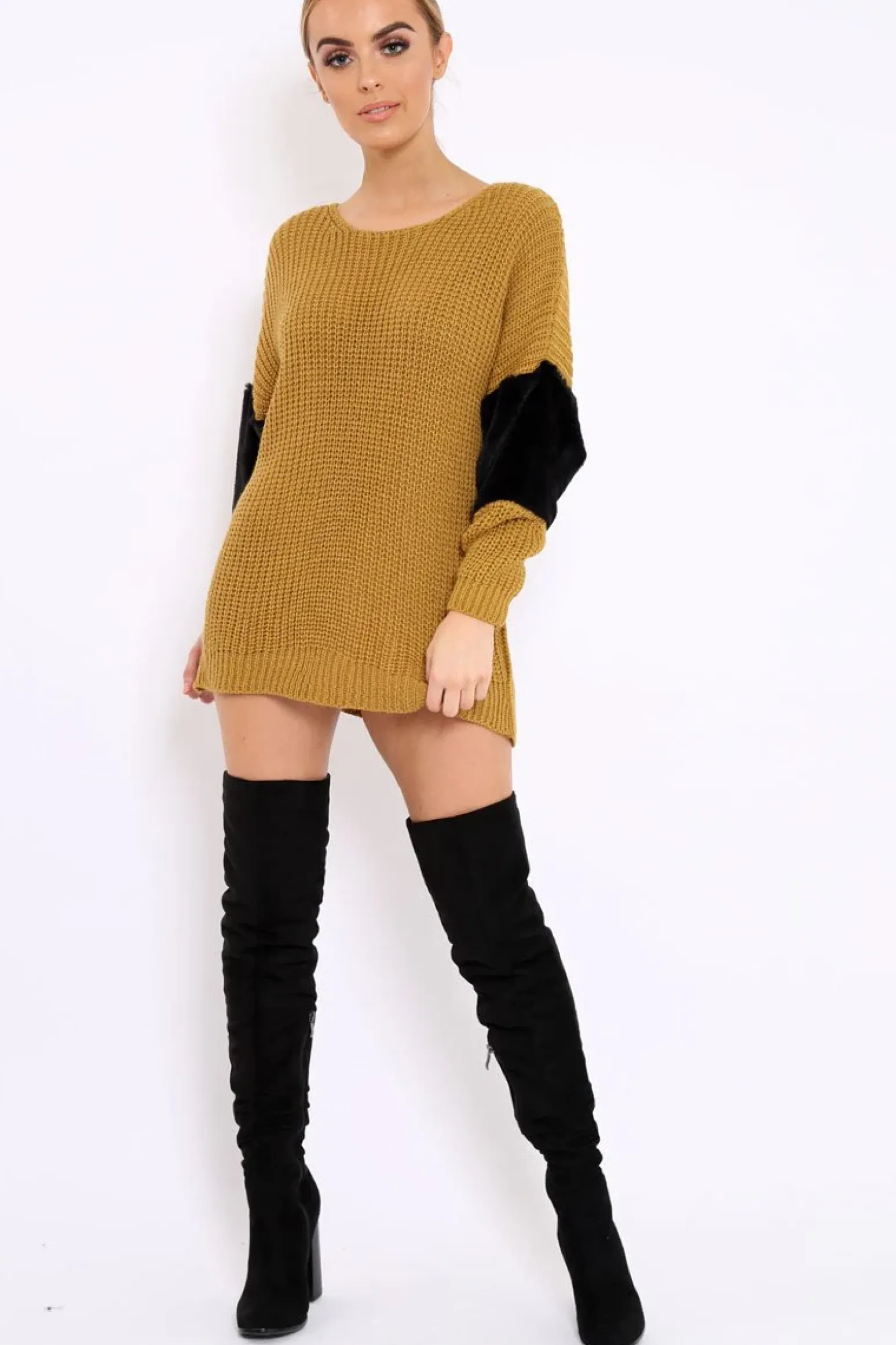 Rebellious Fashion Mustard Chunky Knit Fur Sleeve Jumper - Kimberly