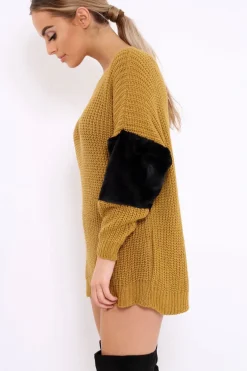 Rebellious Fashion Mustard Chunky Knit Fur Sleeve Jumper - Kimberly