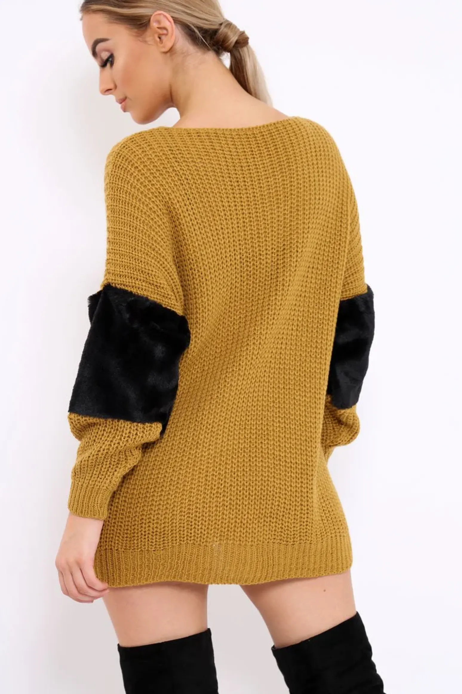Rebellious Fashion Mustard Chunky Knit Fur Sleeve Jumper - Kimberly