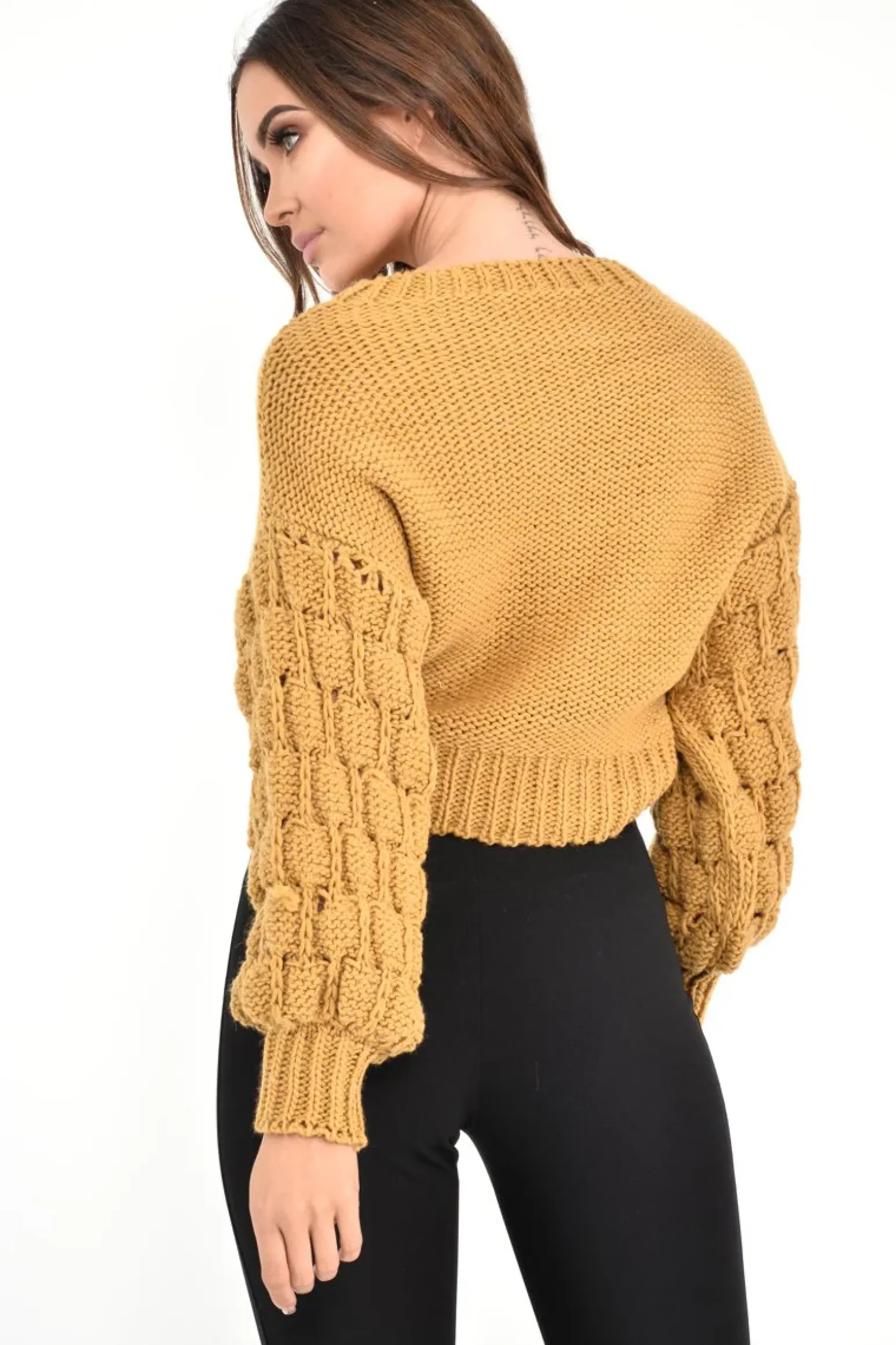 Rebellious Fashion Mustard Chunky Knit Sleeve Detail Cropped Jumper - Danyela