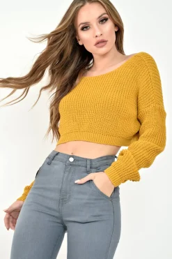 Rebellious Fashion Mustard Chunky Knit V Back Crop Jumper - Priscilla