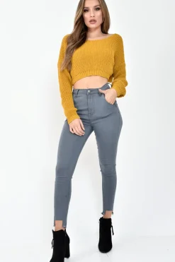 Rebellious Fashion Mustard Chunky Knit V Back Crop Jumper - Priscilla