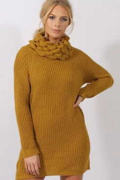 Rebellious Fashion Mustard Chunky Turtleneck Knit Jumper Dress - Cloe