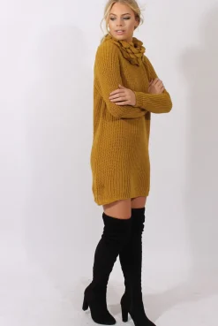 Rebellious Fashion Mustard Chunky Turtleneck Knit Jumper Dress - Cloe