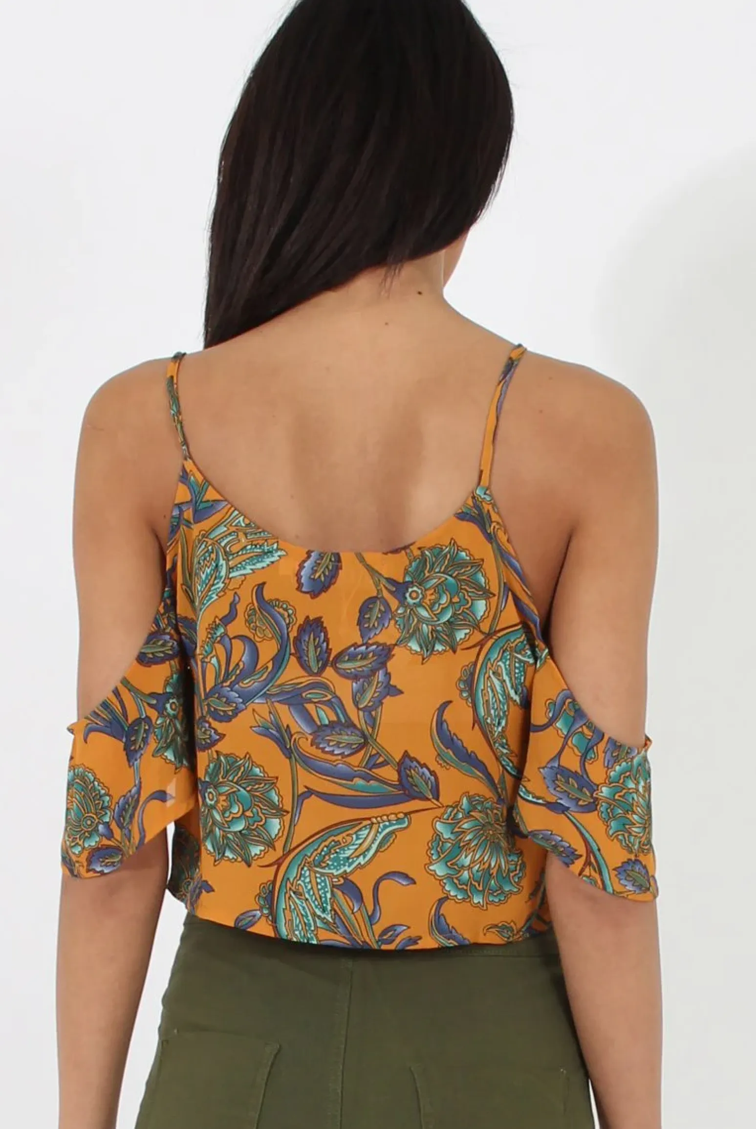 Rebellious Fashion Mustard Cold Shoulder Button Crop Top - Harlow