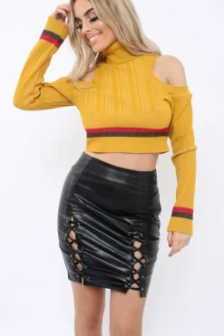 Rebellious Fashion Mustard Cold Shoulder Jumper with Stripe Detail - Cala