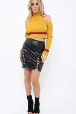 Rebellious Fashion Mustard Cold Shoulder Jumper with Stripe Detail - Cala