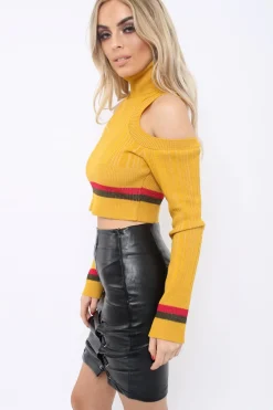 Rebellious Fashion Mustard Cold Shoulder Jumper with Stripe Detail - Cala