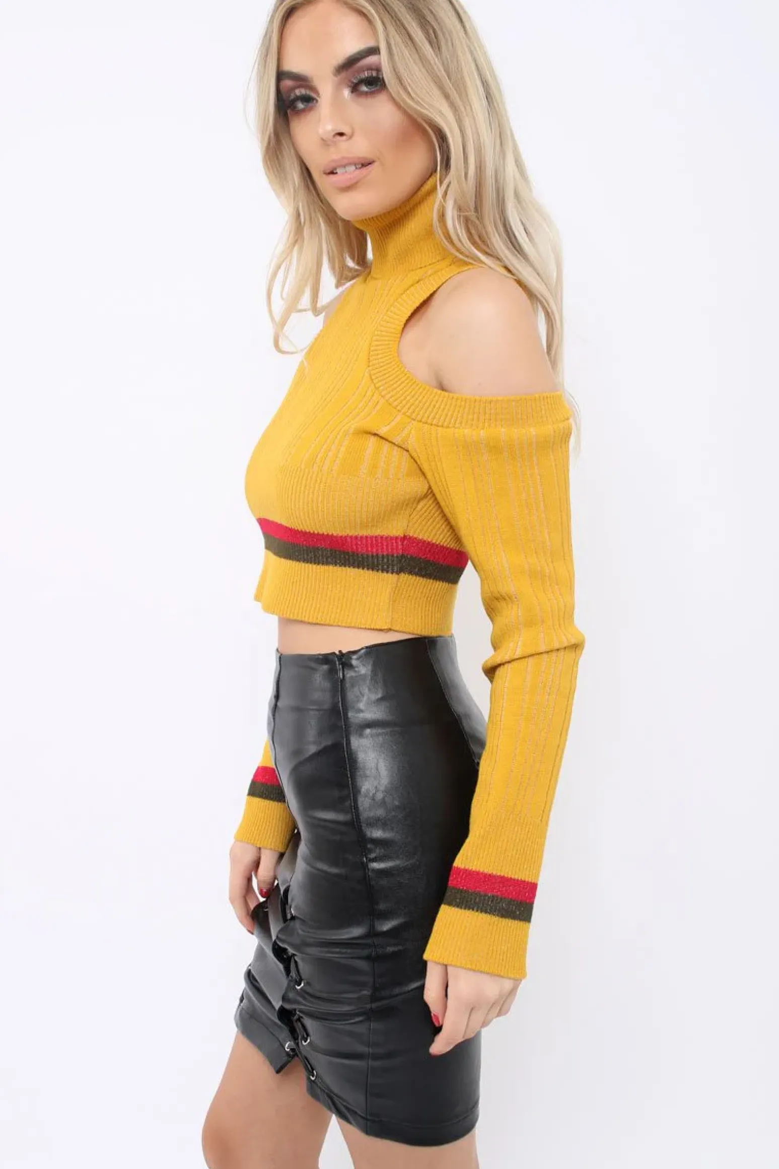 Rebellious Fashion Mustard Cold Shoulder Jumper with Stripe Detail - Cala