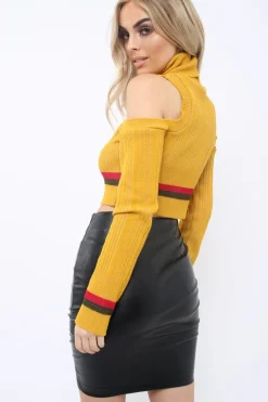 Rebellious Fashion Mustard Cold Shoulder Jumper with Stripe Detail - Cala