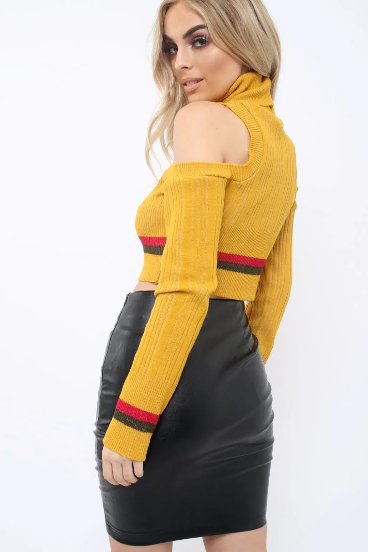 Rebellious Fashion Mustard Cold Shoulder Jumper with Stripe Detail - Cala