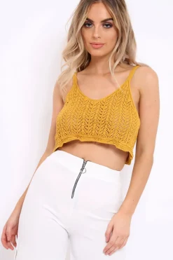 Rebellious Fashion Mustard Crochet Scalloped Hem Crop Top - Alexi
