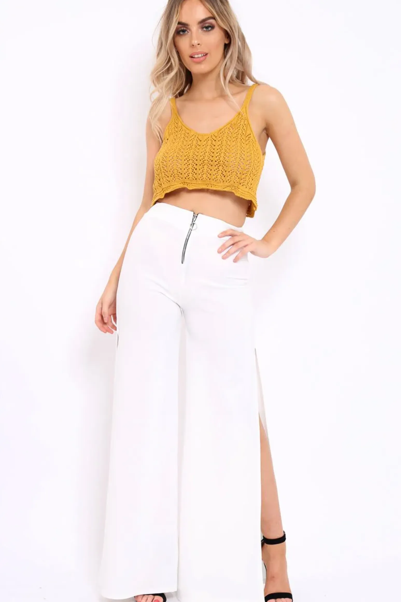 Rebellious Fashion Mustard Crochet Scalloped Hem Crop Top - Alexi