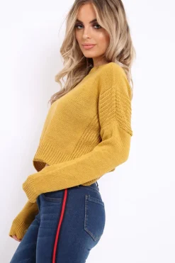 Rebellious Fashion Mustard Cropped Curved Hem Jumper - Fearne