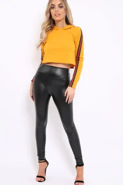 Rebellious Fashion Mustard Cropped Hoodie with Striped Trim - Essie