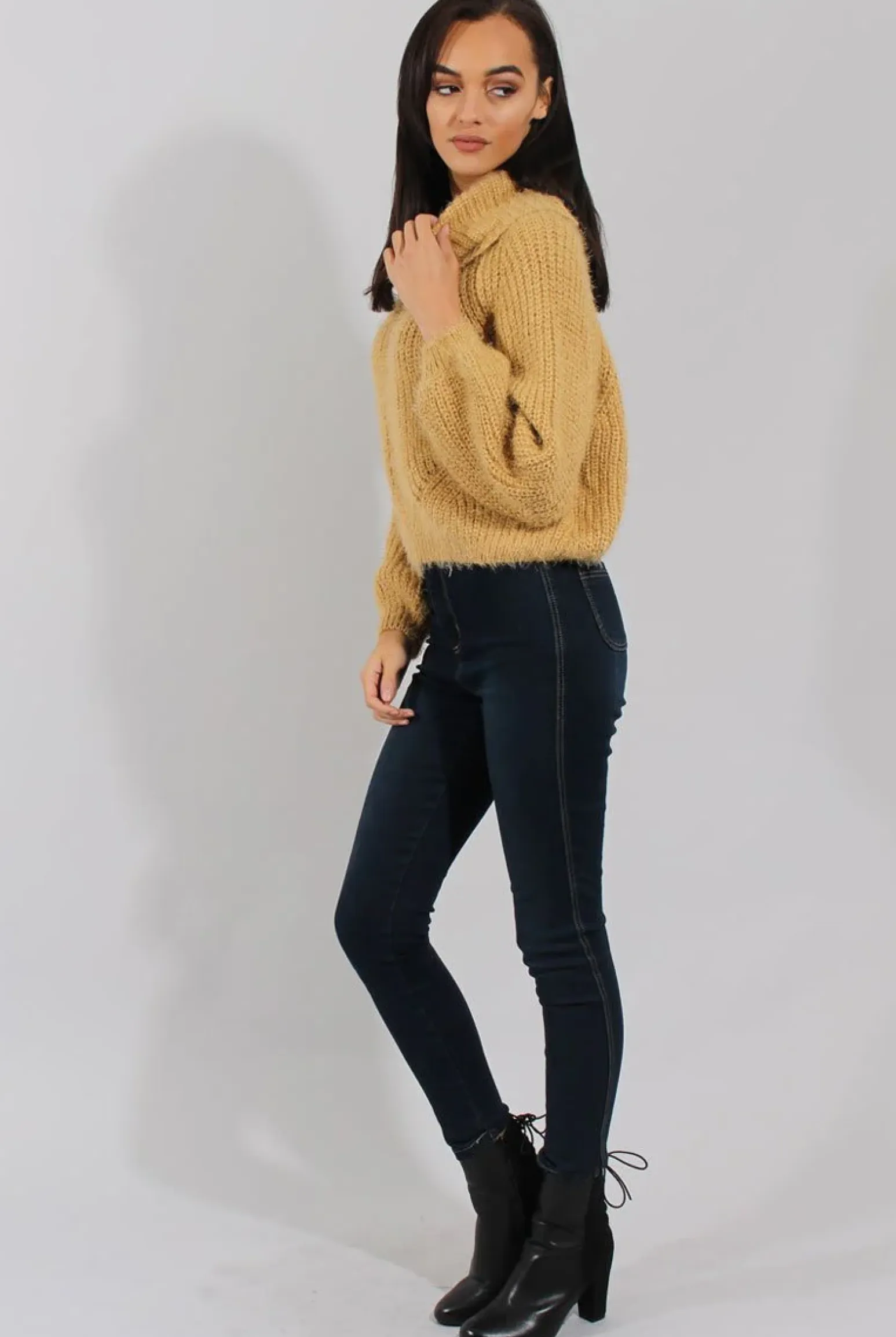 Rebellious Fashion Mustard Cropped Roll Neck Jumper - Sophia