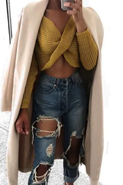 Rebellious Fashion Mustard Cropped Twist Front Jumper - Arabella