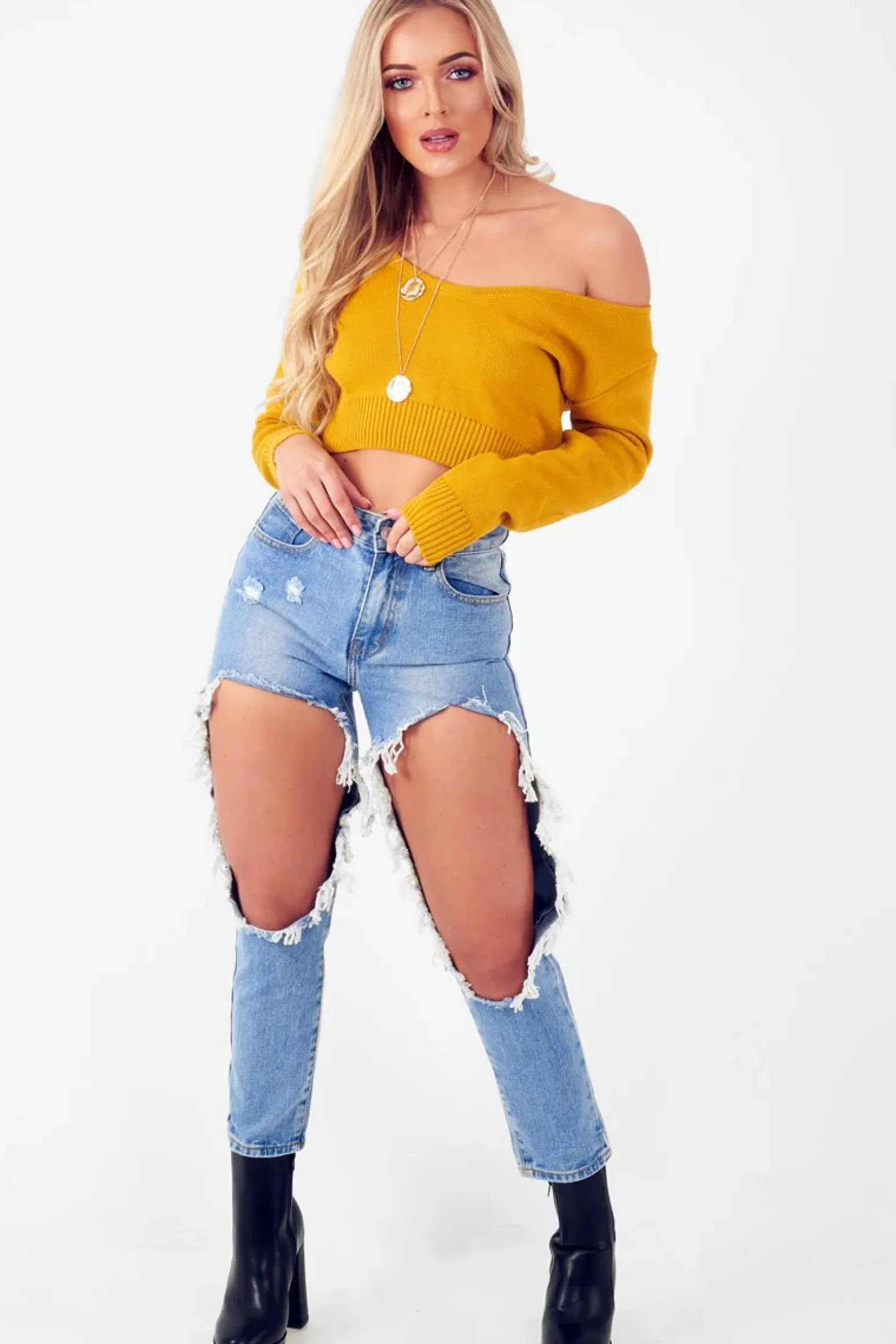 Rebellious Fashion Mustard Crop V Neck Knit Jumper - Rozella