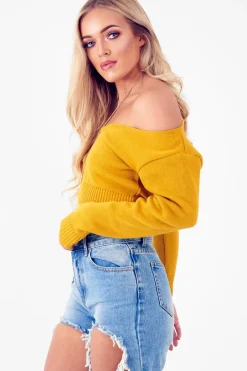 Rebellious Fashion Mustard Crop V Neck Knit Jumper - Rozella