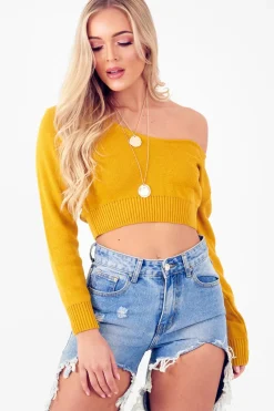 Rebellious Fashion Mustard Crop V Neck Knit Jumper - Rozella