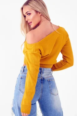 Rebellious Fashion Mustard Crop V Neck Knit Jumper - Rozella