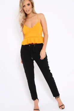 Rebellious Fashion Mustard Cross Back Frill Hem Crop Top - Jess