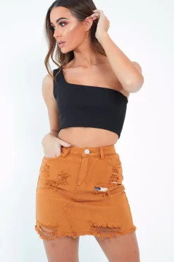 Rebellious Fashion Mustard Denim Rip Mini Skirt - Selenia