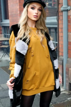 Rebellious Fashion Mustard Distressed Detail Sweatshirt Jumper Dress - Ivy