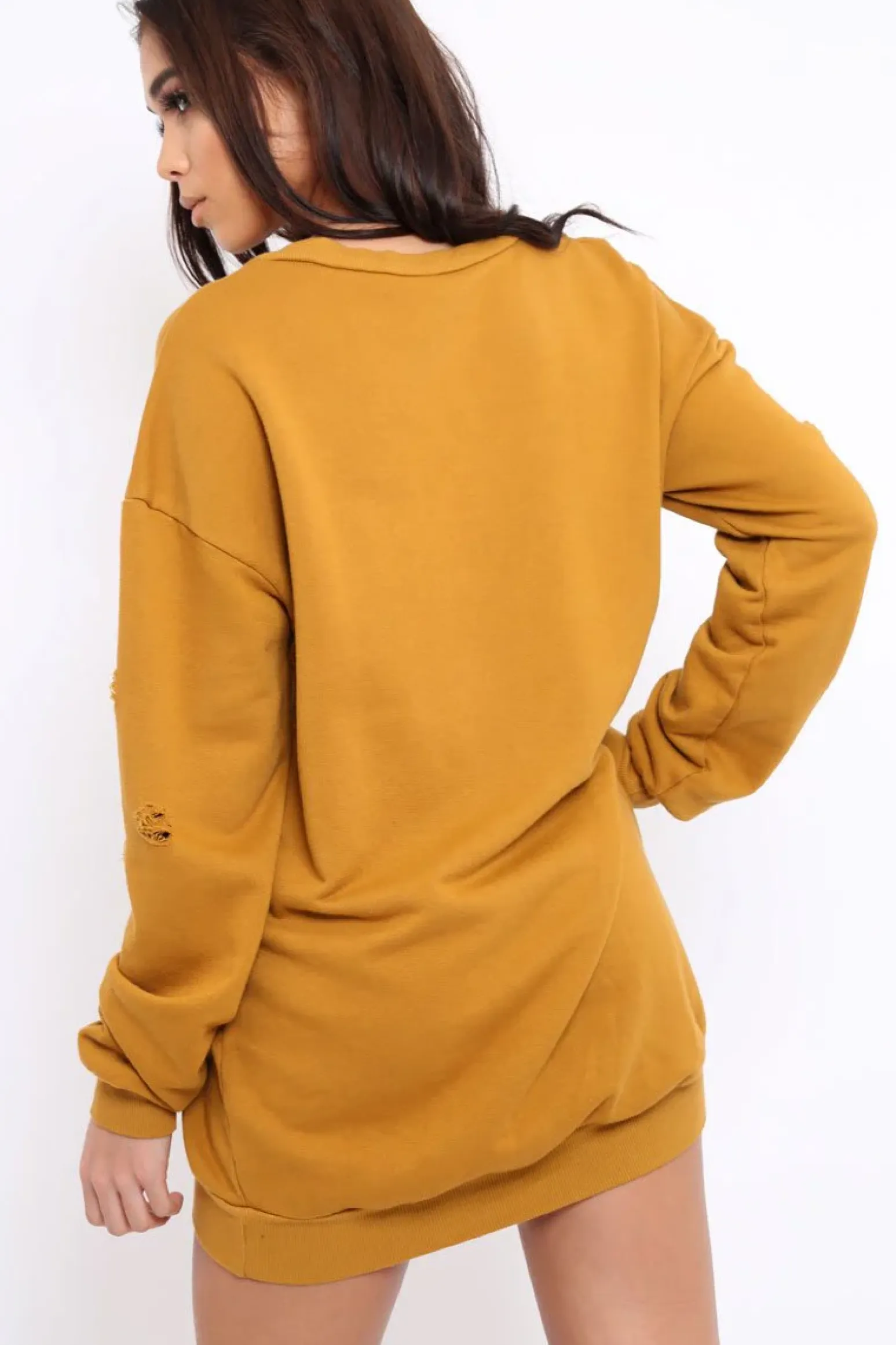 Rebellious Fashion Mustard Distressed Detail Sweatshirt Jumper Dress - Ivy