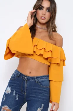 Rebellious Fashion Mustard extreme Layered Frill Bardot Crop Top - Nevaeh