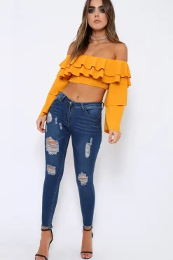 Rebellious Fashion Mustard extreme Layered Frill Bardot Crop Top - Nevaeh