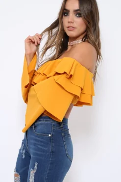 Rebellious Fashion Mustard extreme Layered Frill Bardot Crop Top - Nevaeh